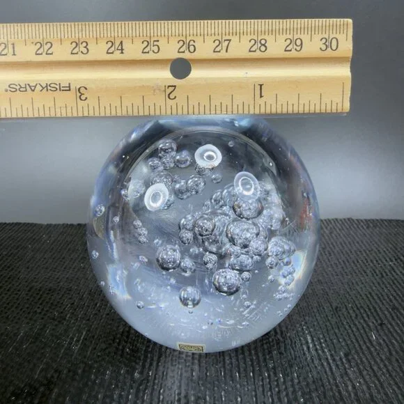 1970s Swedish Ursholt Clear Round Orb Paperweight Witch Ball Bubbles W Labels